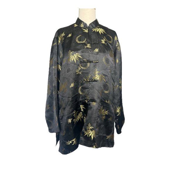 Jade Jade Jade 60s Mod Quilted Satin Jacket Black and Gold Frog Closure Sz L - Picture 9 of 12